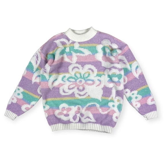 Vintage 1980s Pastel Metallic Floral Sweater - Picture 1 of 6